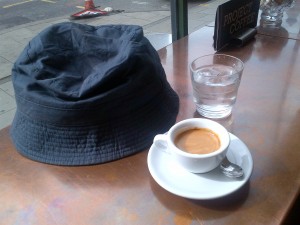 The holy trinity - espresso, water, silly hat